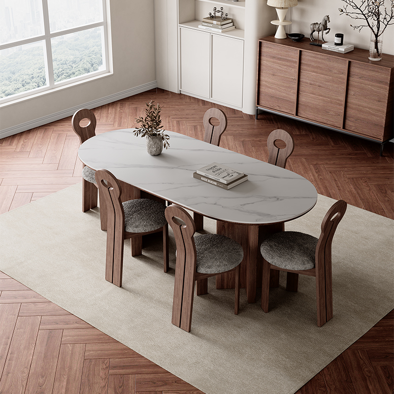 法式复古岩板餐桌椭圆形客厅白蜡木侘寂风家用小户型意式实木餐桌