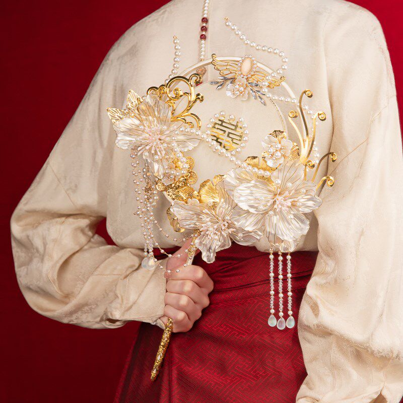 团扇新娘结婚diy材料包搭配香槟色秀禾服中式婚礼重工喜扇成品