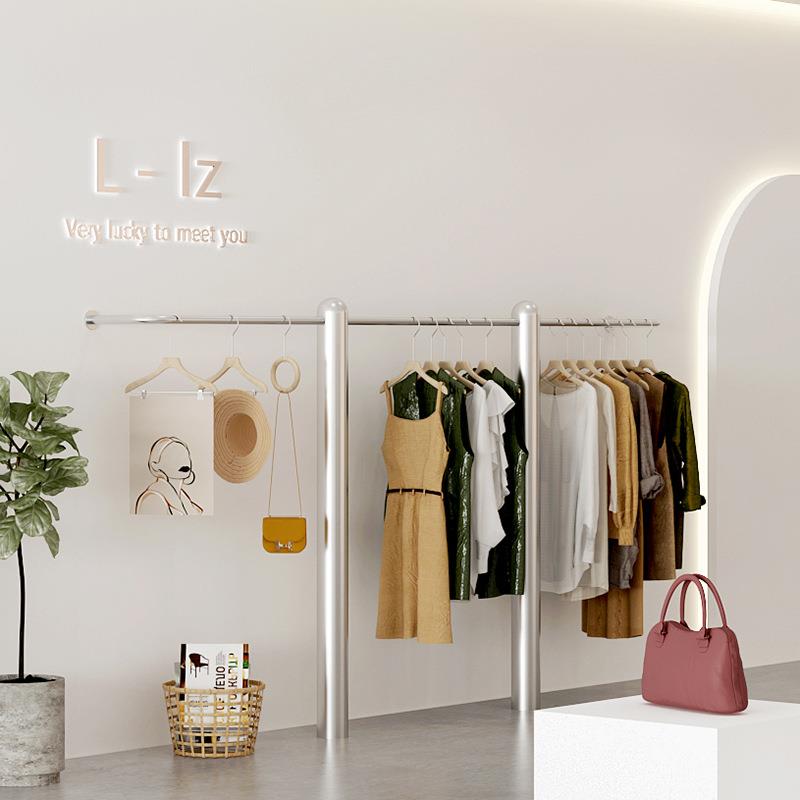 服装店展示架落地式不锈钢上墙挂衣杆货架陈列道具架子跨境热销款