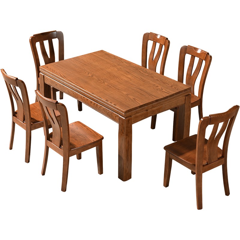 实木长方形餐桌红橡木全实木长餐桌六人现代中式家用木餐桌椅