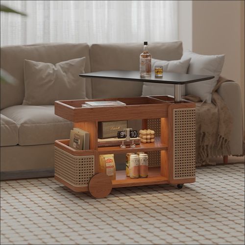 实木升降边几沙发边柜侧边柜小推车樱桃木家用客厅旋转茶几