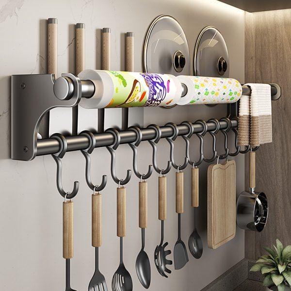 厨房挂钩架免打孔挂杆壁挂式304不锈钢挂勺子铲子保鲜膜置物架子