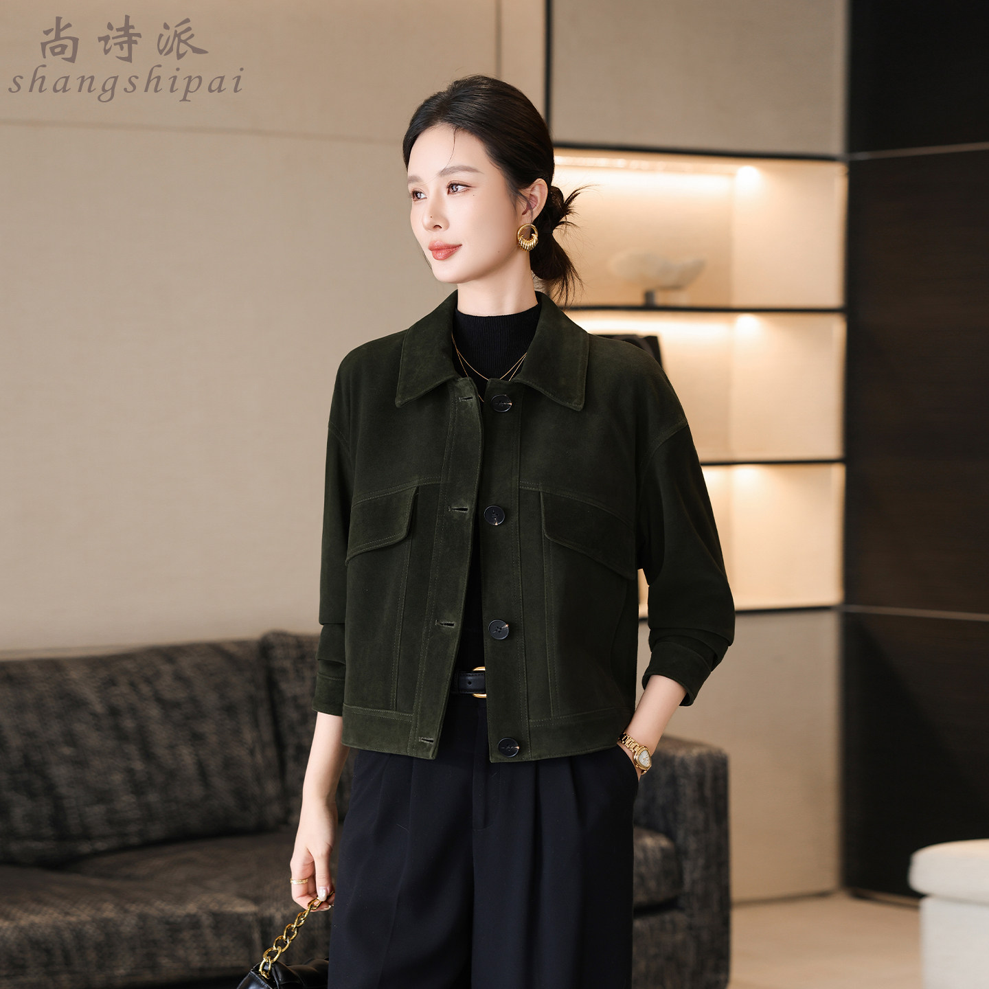 真皮皮衣女反绒面高端绵羊皮夹克2026春秋新款小个子百搭外套短款