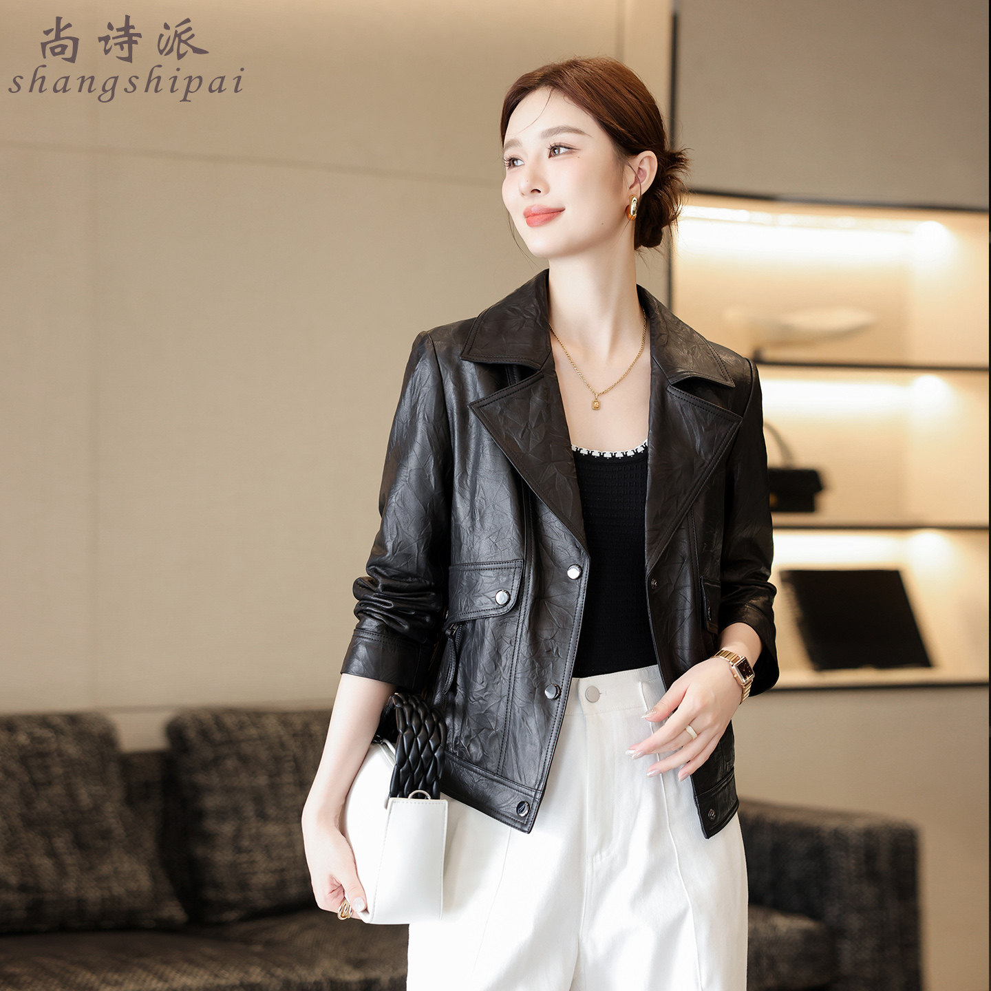 海宁真皮皮衣女2025秋冬新款高级感印花绵羊皮西装领夹克机车外套