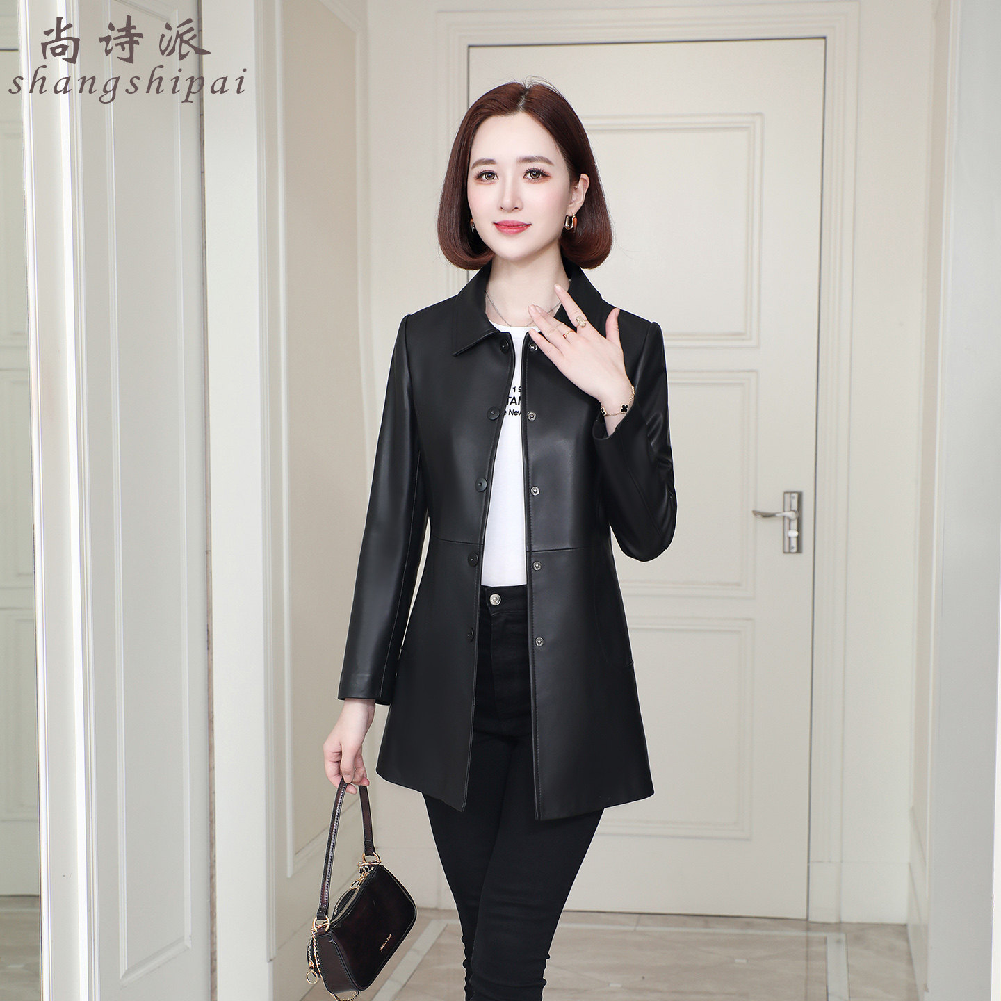 真皮皮衣中长款风衣修身外套女
