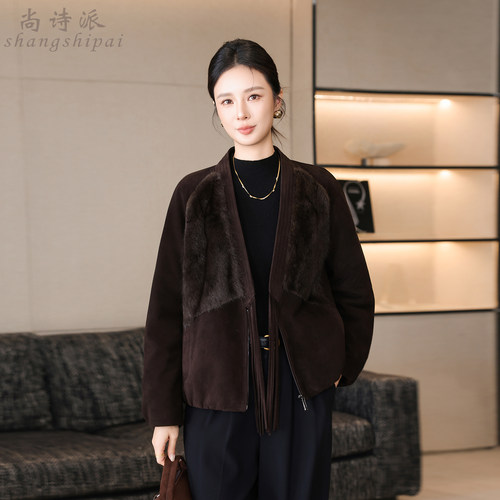 女真皮绵羊皮反绒短款羽绒服