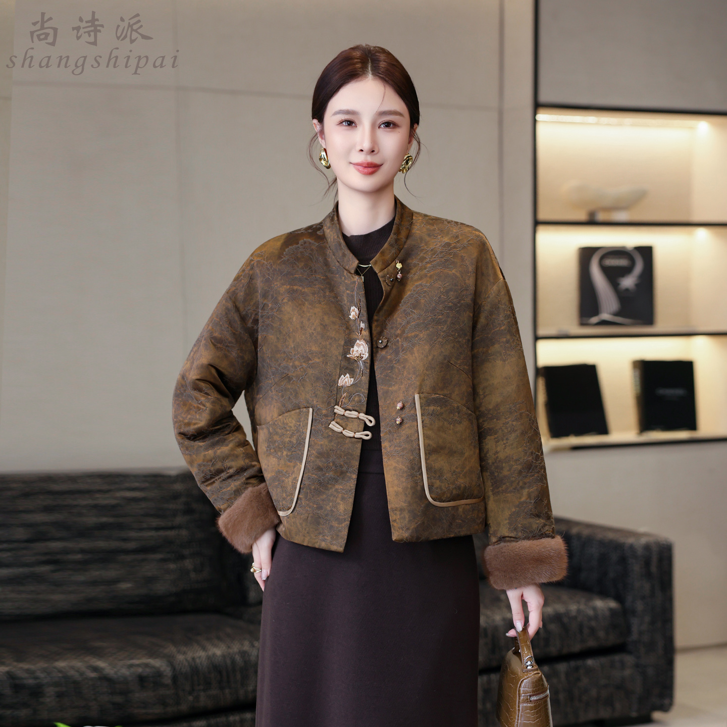 高端皮草水貂毛袖短款唐装上衣