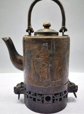 仿古铜器老式纯铜温酒壶人物诗词温酒器中式提梁壶茶壶家居装饰品