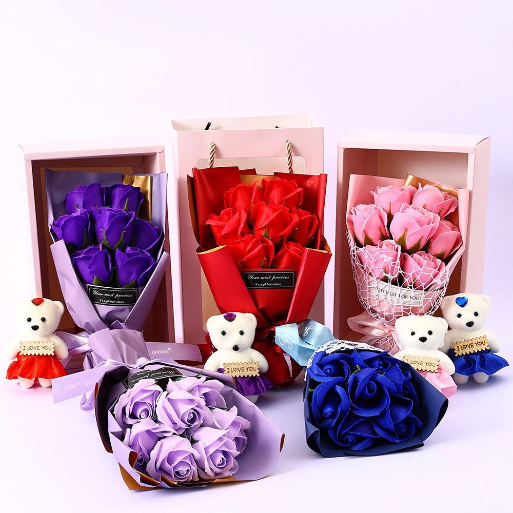 情人节礼物小熊7朵手提香皂玫瑰花束礼盒母亲节创意礼品跨境