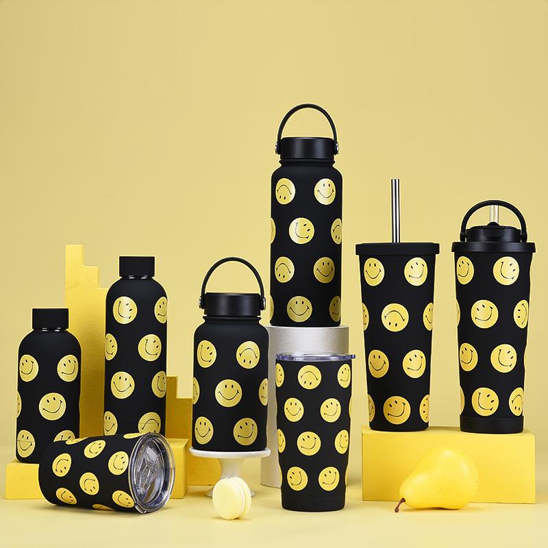 新款笑脸主题不锈钢保温杯带吸管奶茶杯咖啡杯套装提手运动水杯