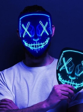 万圣节LED面具抖音黑色鬼脸同款道具荧光V字恐怖声控爆闪发光面具