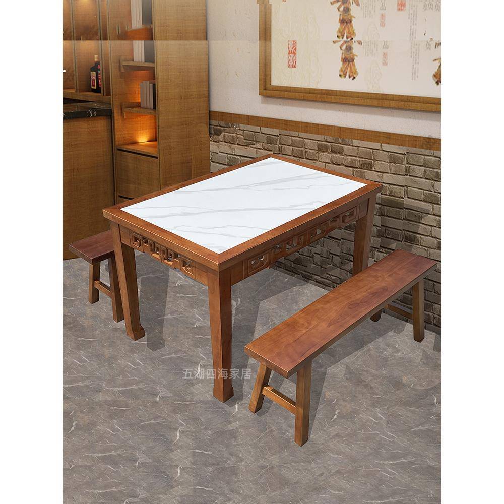 商用长方形橡木中式雕花餐桌椅饭店面店火锅店双人卡座岩板八仙桌