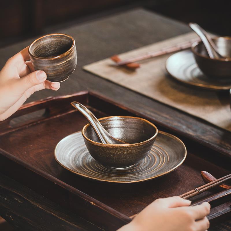 复古窑变釉陶瓷摆台三件套套装盘子云贵川火锅店特色骨碟小碗餐具