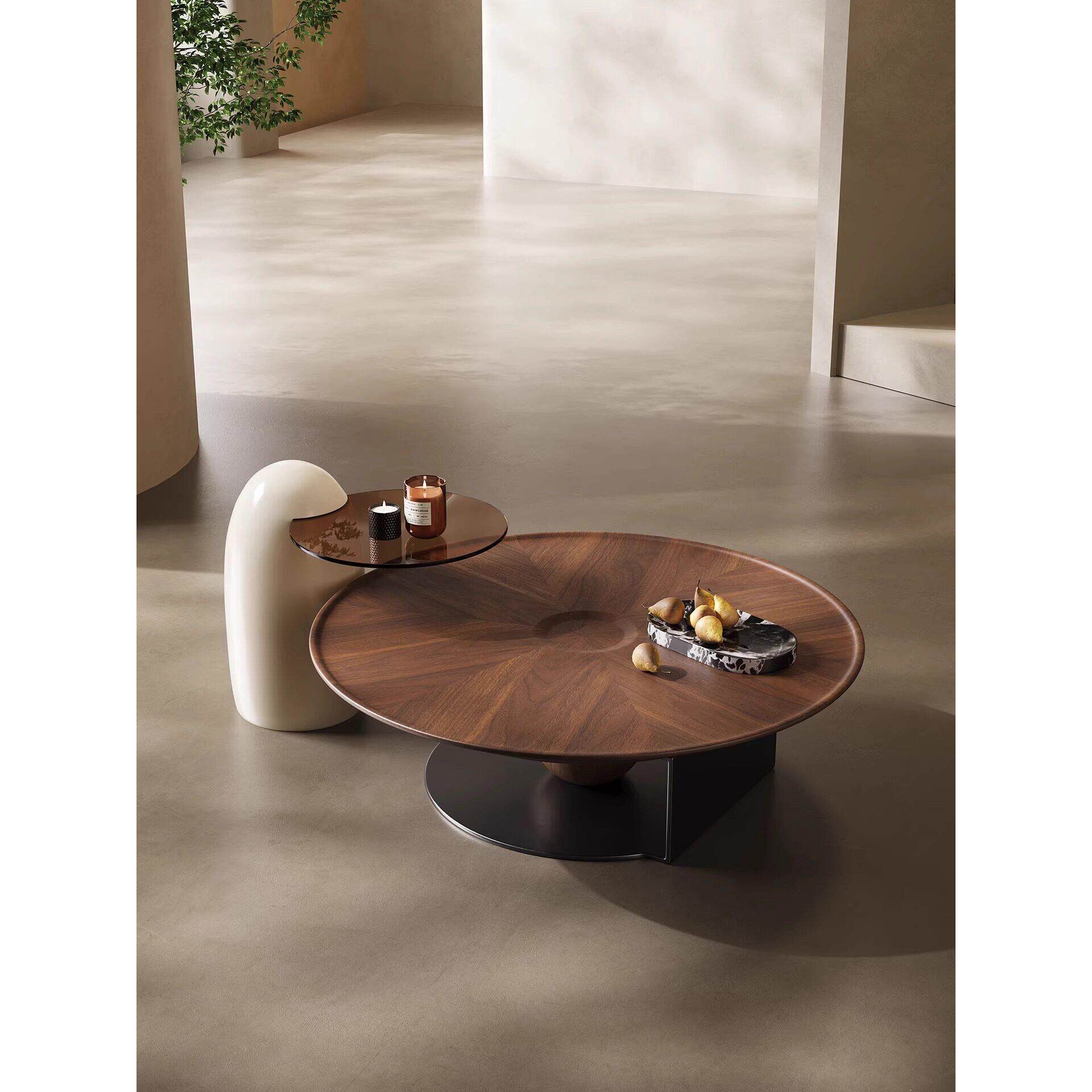 意大利极简主义圆形咖啡桌，彷古风格胡桃皮咖啡桌组合，客厅，小