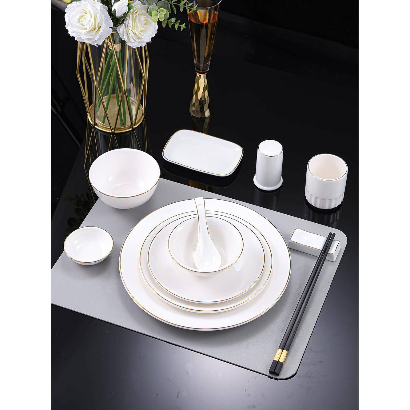 高档酒店会所金边摆台餐具新中式陶瓷盘碗骨碟套装三件套 四件套