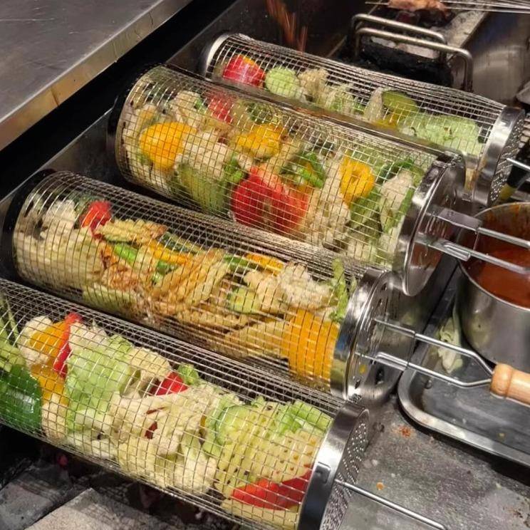 摆摊烧烤架不锈钢烧烤笼滚动烧烤网滚筒烤蔬菜加厚户外露营便携式