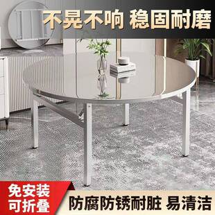 不锈钢折叠圆桌带转盘餐桌食堂餐桌椅工厂圆桌10人面板加厚餐桌