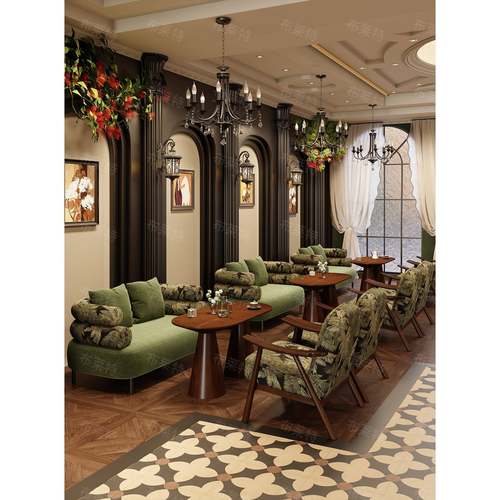 西餐厅沙发卡座咖啡厅桌椅组合甜品店休闲区覆古民宿酒店清吧沙发