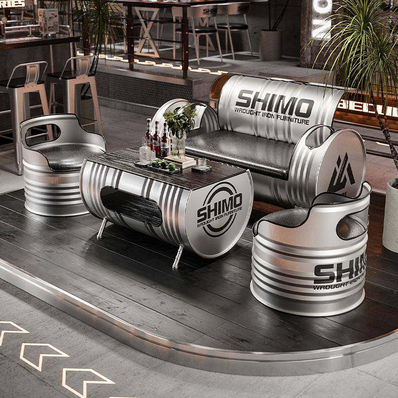 工业风油桶卡座沙发酒吧等候区洽谈休息区商用创意桌椅茶几组合