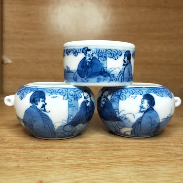 青花百灵手绘鸟食杯红蓝颠颏鸟碗 麻料金鱼人物图鸟笼杯子名氏堂