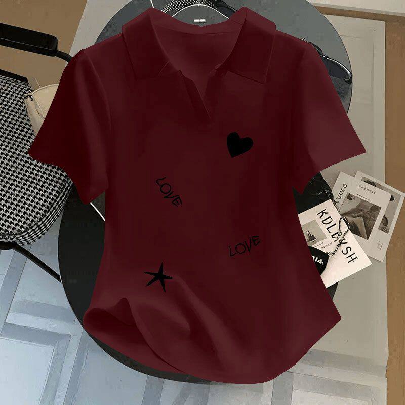 新款纯棉短袖t恤女夏季设计感polo衫百搭印花翻领宽松大码上衣ins