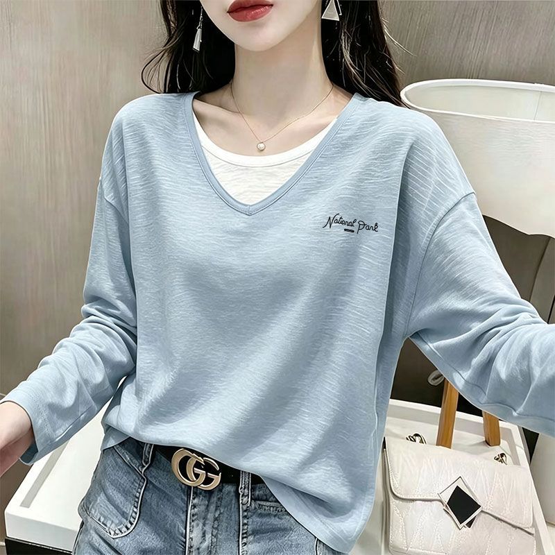 100%纯棉v领长袖T恤女2026秋冬女装竹节棉时尚高级百搭设计感上衣