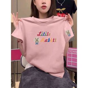 新款 洋气休闲新款 遮肉ins夏季 短袖 印花通勤上衣 纯棉t恤女潮流大码