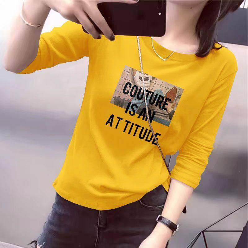 纯棉圆领长袖T恤女春秋新款减龄百搭洋气简约印花大码上衣女ins