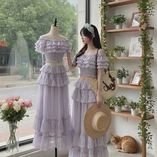 Acaine紫色短款荷叶边打揽上衣高腰a字半身裙两件套女夏季套装