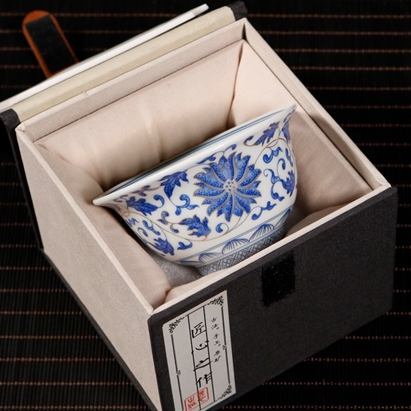 景德镇陶瓷青花缠枝莲描金主人杯茶杯男女专用个人杯中式复古单杯
