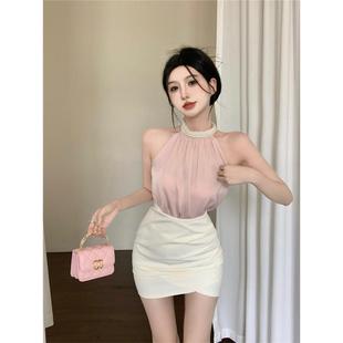 法式 高级感无袖 挂脖露肩雪纺上衣女夏季 富家千金包臀短裙两件套装