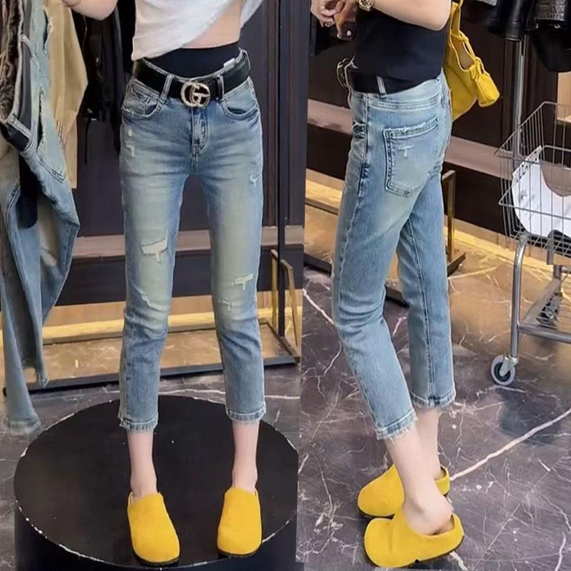 2025新款夏季薄款高腰弹力破洞牛仔裤女大码胖mm显瘦九分烟管裤子