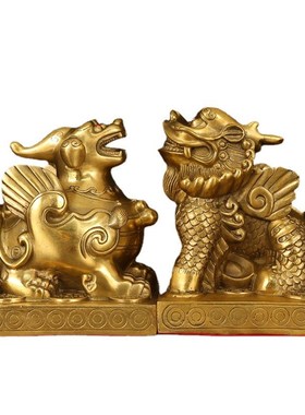 铜貔貅一对纯黄铜单角方底皮丘客厅店铺业饰店铺聚财