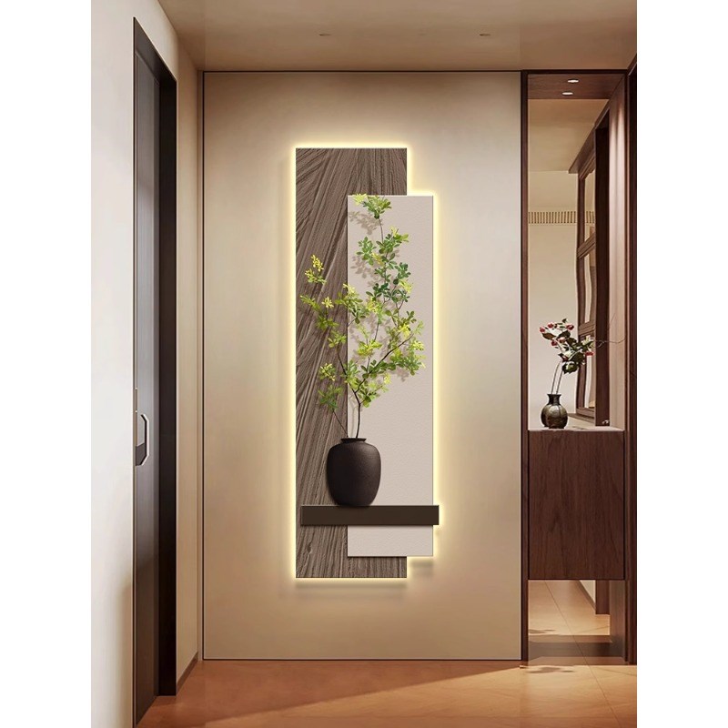 玄关装饰画led灯光画原木风客厅高端入户正对门挂画走廊过道壁画
