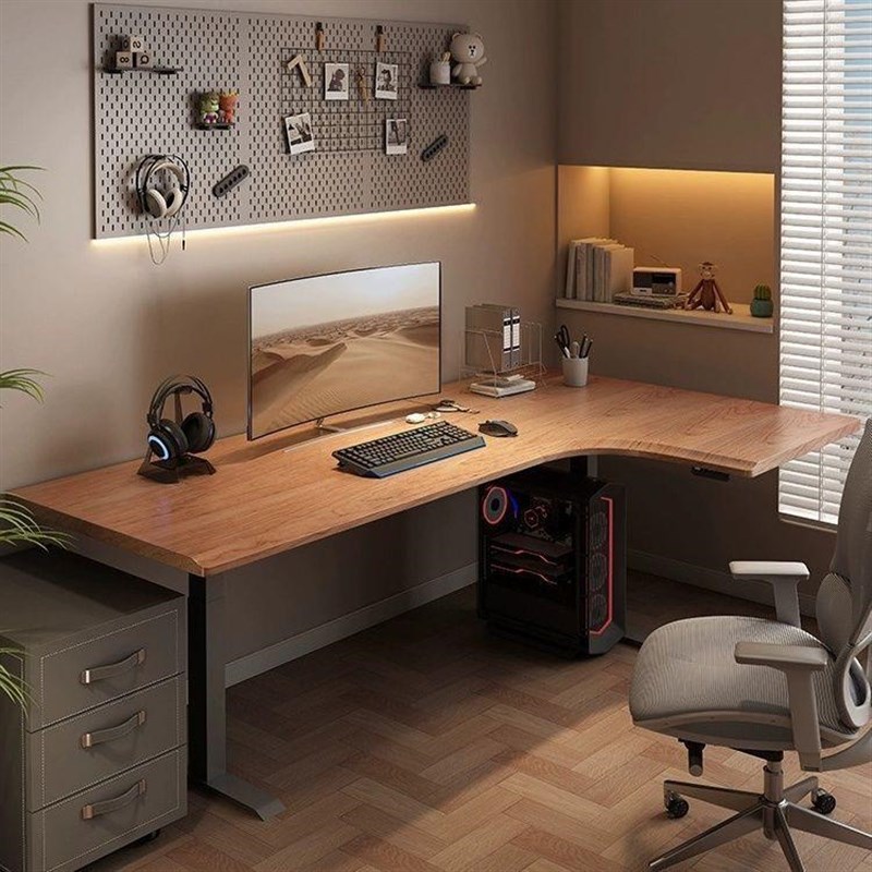 樱桃木转角实木升降桌电脑桌可办公学习书桌电竞书房卧室简约现代