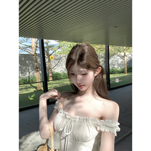 jijilulu积极璐 春山白栀 一字肩镂空收腰连衣裙蝴蝶结修身a字裙