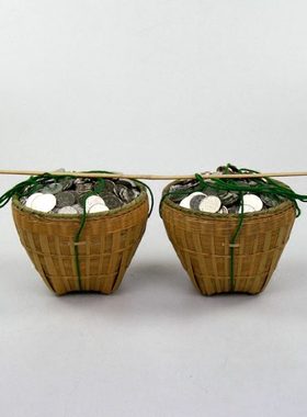 竹编摆件摆设精编竹制品迷你竹稻箩一个扁担两个箩居家摆设收藏品