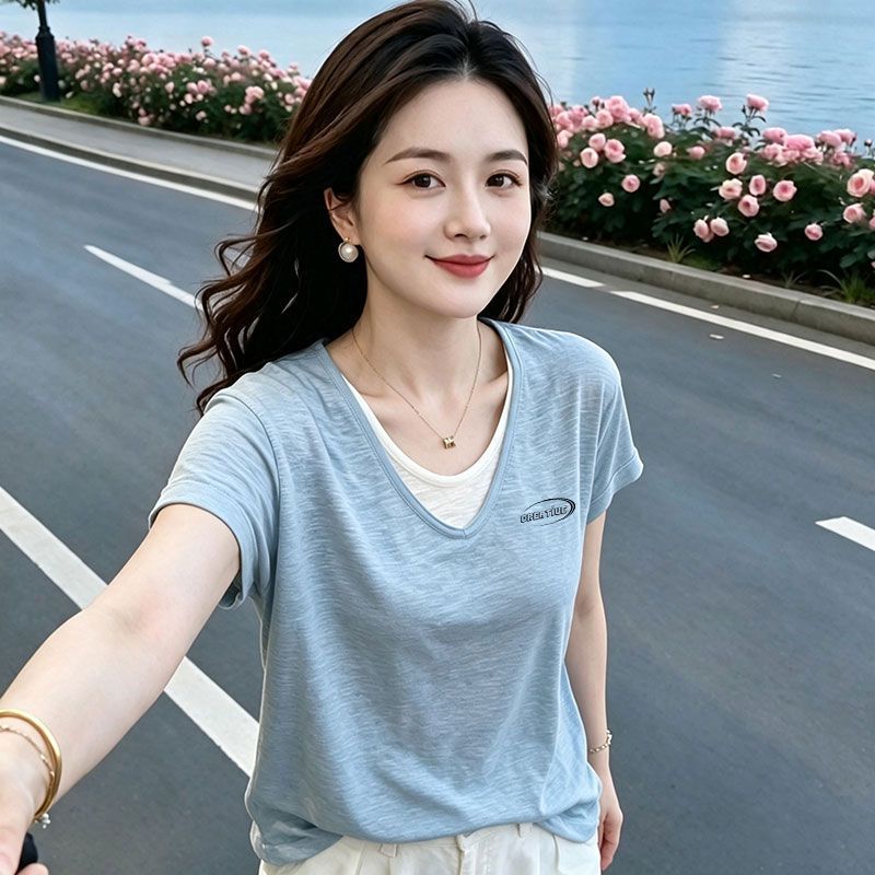 夏季纯棉V领假两件短袖T恤女