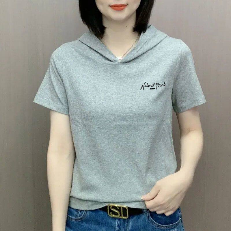 夏天纯棉女装t恤连帽短袖上衣服韩版运动休闲字母印花宽松体恤衫