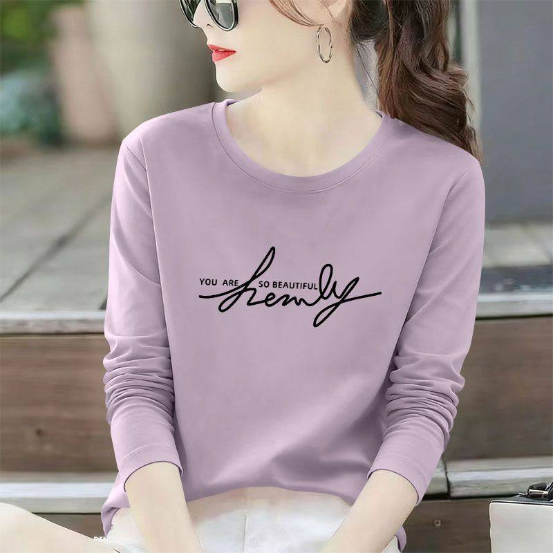 100%纯棉时尚长袖T恤女秋冬新款显瘦百搭印花简约遮肉上衣女ins