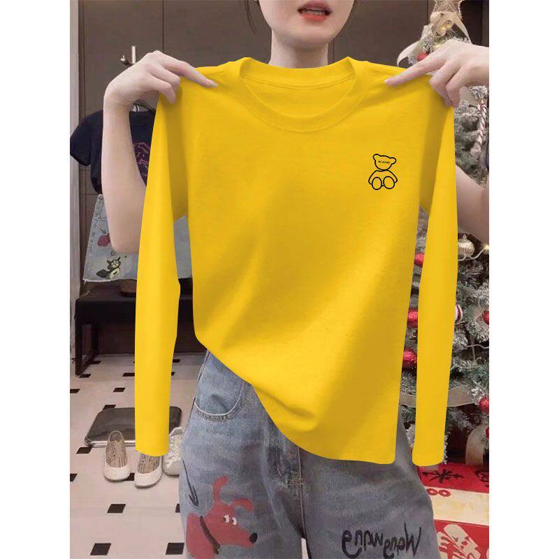 100%纯棉时尚长袖T恤女秋冬新款高级气质大码印花显瘦设计感上衣