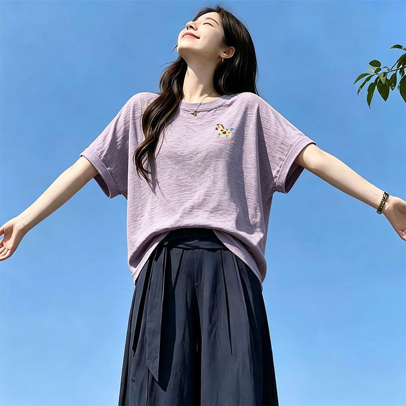 夏季竹节棉飞飞肩显瘦短袖T恤女