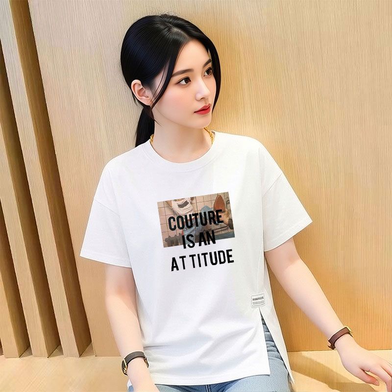 夏季纯棉大码开叉圆领短袖T恤女