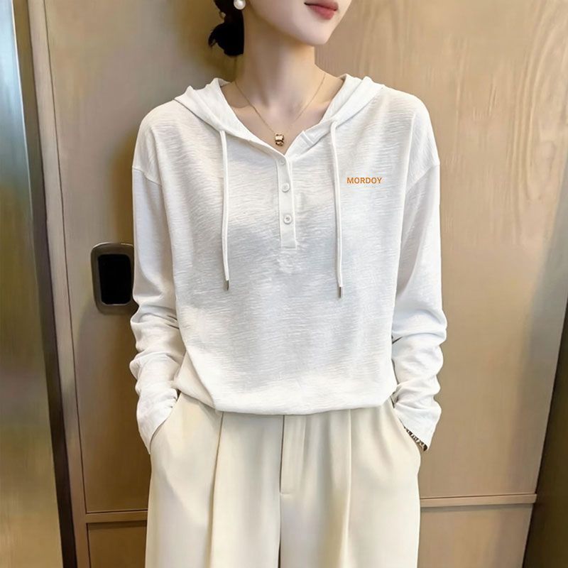 竹节棉连帽印花长袖T恤女秋冬