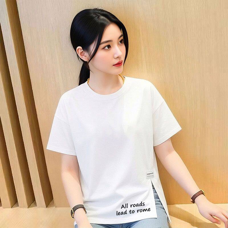 夏季纯棉中长宽松遮肉短袖T恤女
