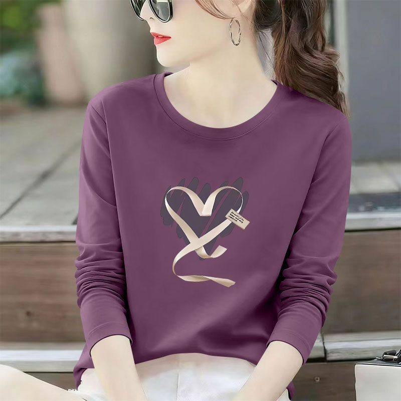 精品纯棉常规长袖T恤女新款秋冬洋气韩版高级宽松简约大码上衣女