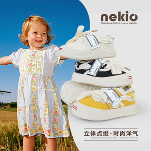 男女学步鞋 nekio儿童帆布鞋 日系港风布鞋 网布透气小童板鞋 春秋季