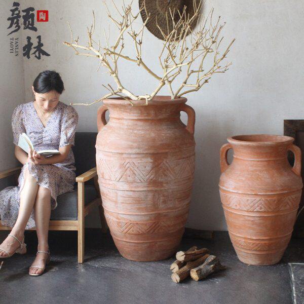 做旧景观花盆陶罐特大号园林装饰罐手工陶落地红陶仿古红陶超大款