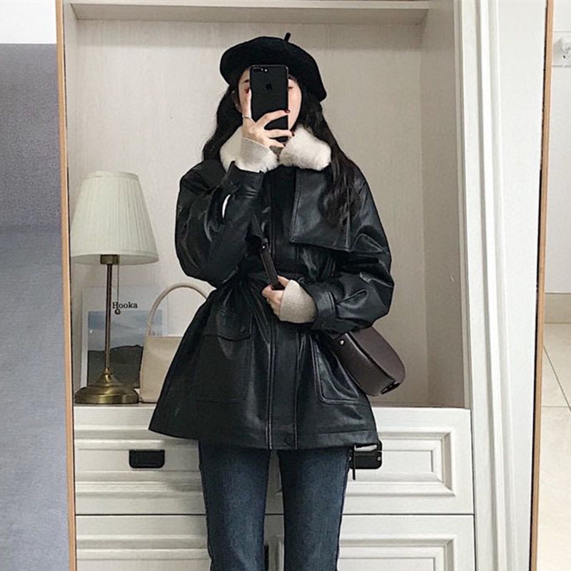 机车皮衣女冬季加绒加厚2025新款爆收腰高级感复古黑色皮夹克外套