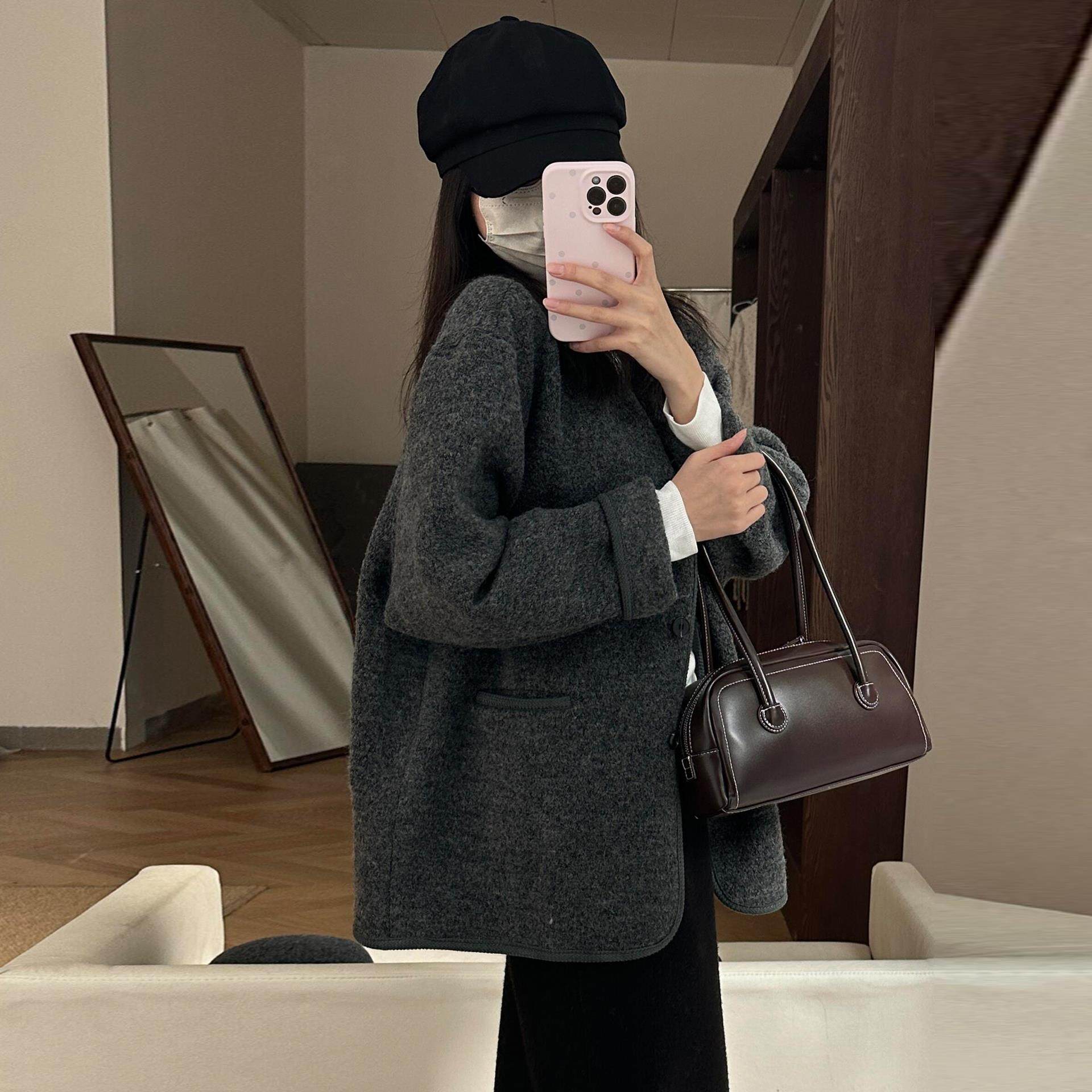 灰色毛呢外套女2025秋冬新款呢子大衣短款小个子百搭宽松气质穿搭